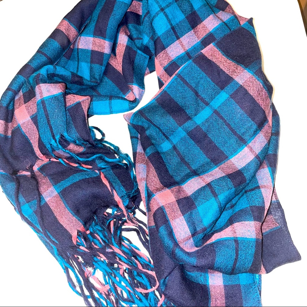 Long oversized pink and blue soft plaid scarf wrap